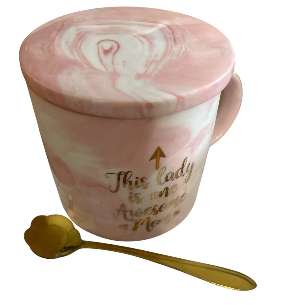 Marble Pink Mom Mug Gift Set with Gold Spoon Coffee Cup & Topper Brand New - Picture 1 of 5